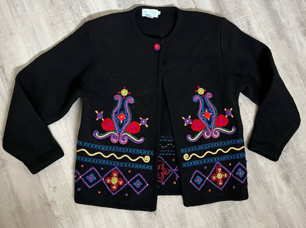 Vintage Cardigan Floral Doncaster Sport 100% Wool Colorful Embroidered Oversized